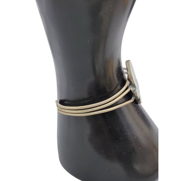 Fleur-de-lis Open Bangle Bracelet Hencho Mexico Inlaid Turquoise VTG SilverTone - Picture 5 of 10